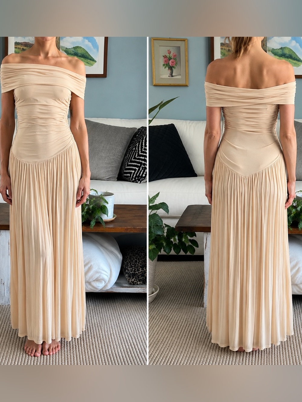 Lioness Beige Off-Shoulder Pleated Maxi Dress